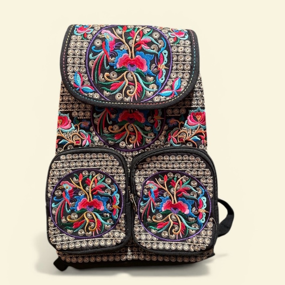Embroidered Floral Boho Backpack in Black with Multicolor Accents